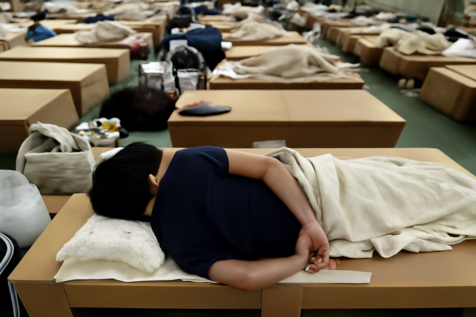 熊本地震の避難所、段ボールベッドでも背中がギシギシ
