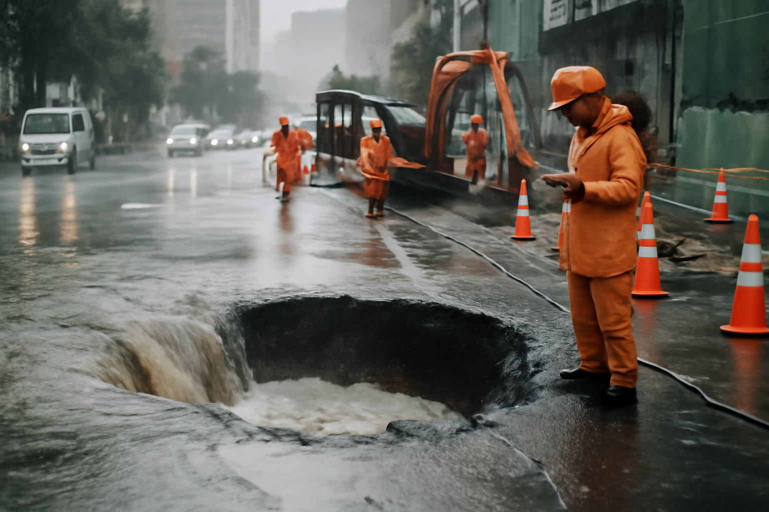 東京駅近くで道路陥没、工事現場は豪雨に泣きっ面だわ
