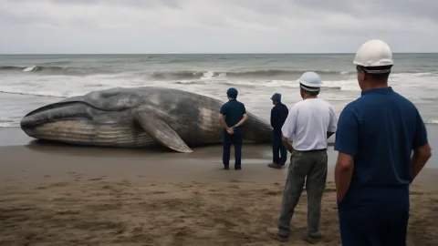 匝瑳市新堀浜で体長17メートルのクジラ漂着 台風接近で撤去見送り