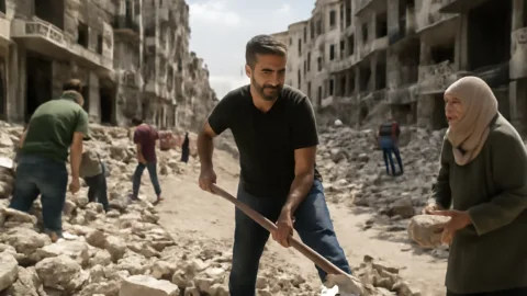 シリア住民がれき撤去、道路まだ通れないって現実