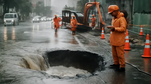 東京駅近くで道路陥没、工事現場は豪雨に泣きっ面だわ